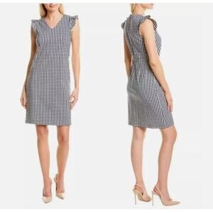 J McLaughlin Joselyn Gingham Shift Dress‎ Ruffle Trim Stretch Navy White Sz 8